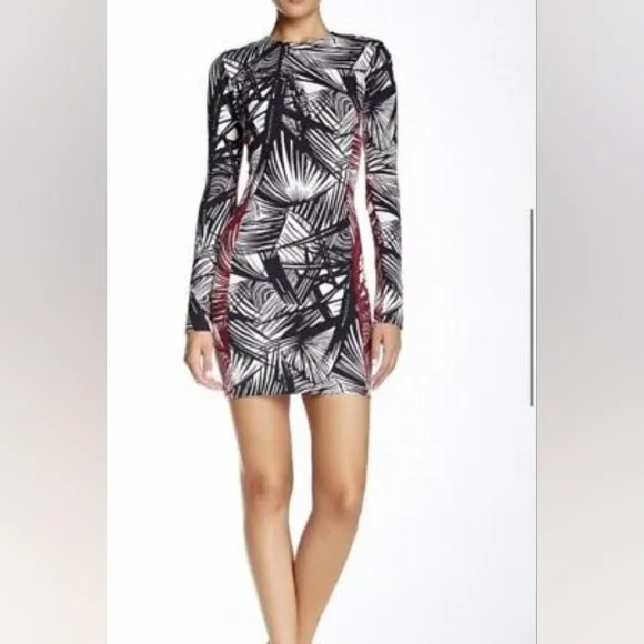 Elizabeth James Dress Mailyn Palm Leaf Stretch Black White Long Sleeve S… - Picture 2 of 12